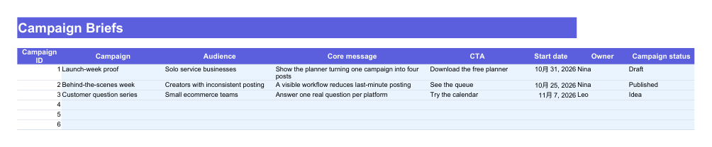 The Campaigns sheet captures the audience, core message, call to action, start date and owner once for each campaign.
